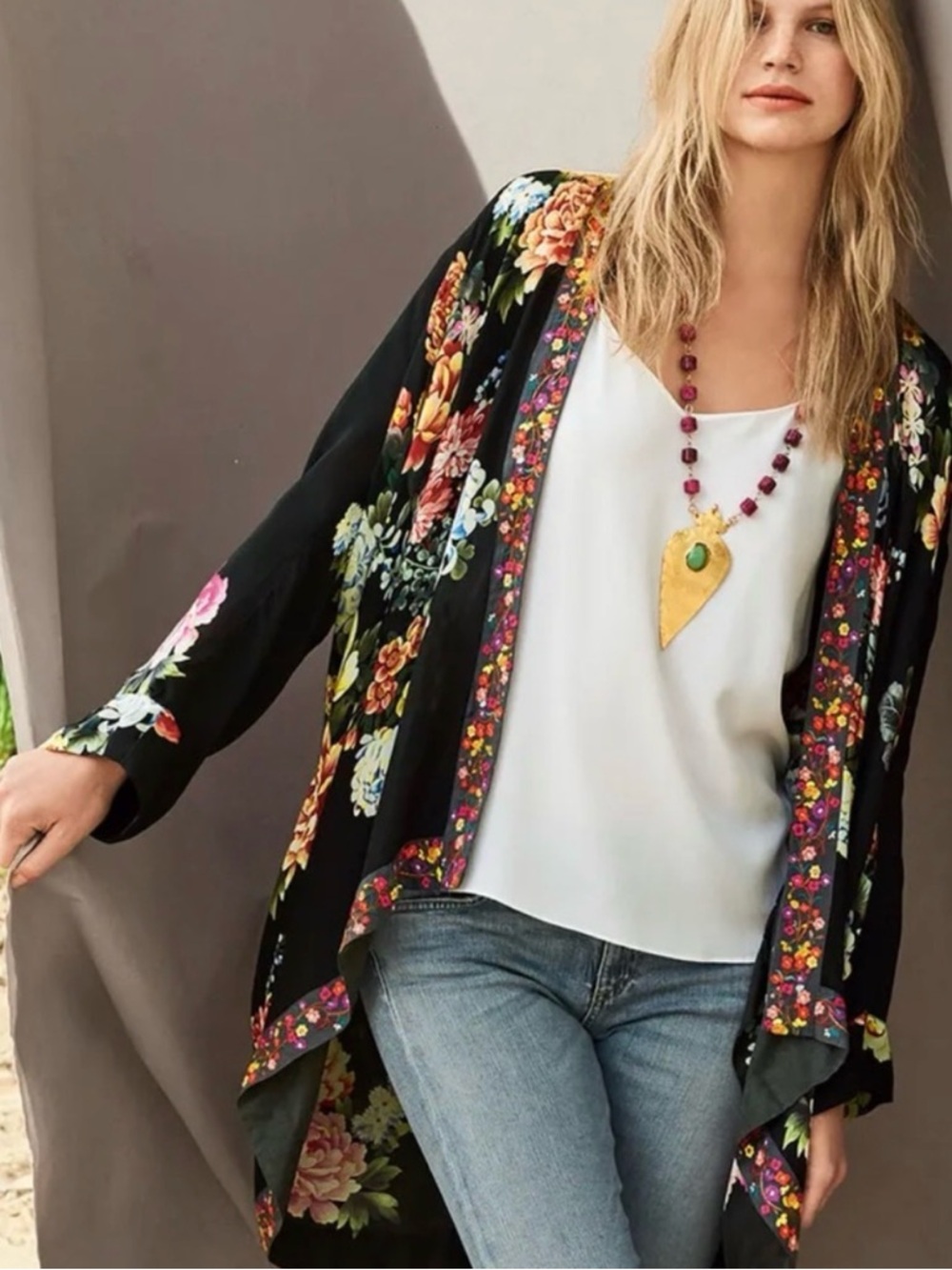 JOHNNY WAS Jazzy Kimono-Style Printed Jacket Size 1X floral embroidered